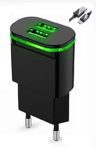 Cargador USB 2,1A 2USB Negro con cable USB tipo C