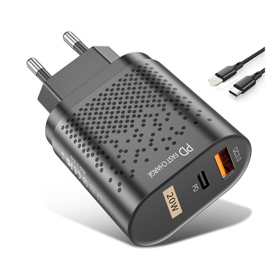 Cargador USB-C Power Delivery  + USB 3.0 20w negro c/cable USB-C 3a