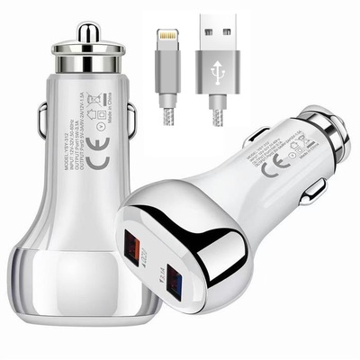 Cargador Coche USB 3.0+USB 3.1a 18w blanco con cable USB Lightning