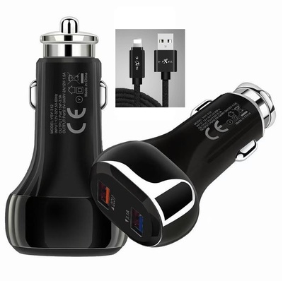 Cargador Coche USB 3.0+USB 3.1a 18w negro con cable USB Lightning