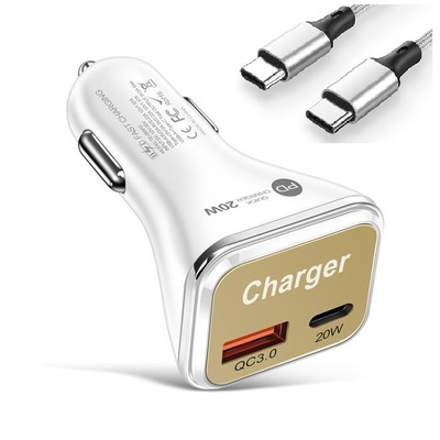 Cargador Coche USB C PD 20w+USB QC3.0 plata con cable USB-C PD 65w