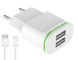 Cargador USB 2,1A 2USB Blanco con cable micro USB 2,4A