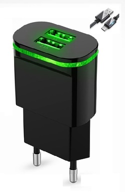 Cargador USB 2,1A 2USB Negro con cable micro USB