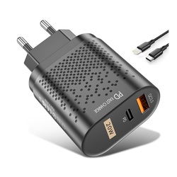 Cargador USB-C Power Delivery + USB 3.0 20w negro c/cable USB-C Lightning