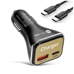 Cargador Coche USB C PD 20w+USB QC3.0 Negro con cable USB-C PD