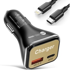 Cargador Coche USB C PD 20w+USB QC3.0 Negro con cable Lightning Pd