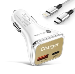 Cargador Coche USB C PD 20w+USB QC3.0 blanco con cable Lightning PD