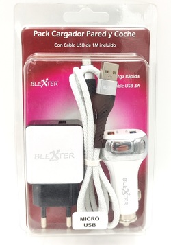 Pack Cargador Coche 18w y Pared 15w con cable Micro USB 3a blanco